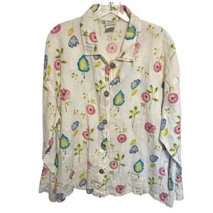 Marc & Ware Linen Button Top Womens Large Ivory Floral Coastal Long Sleeve Shirt